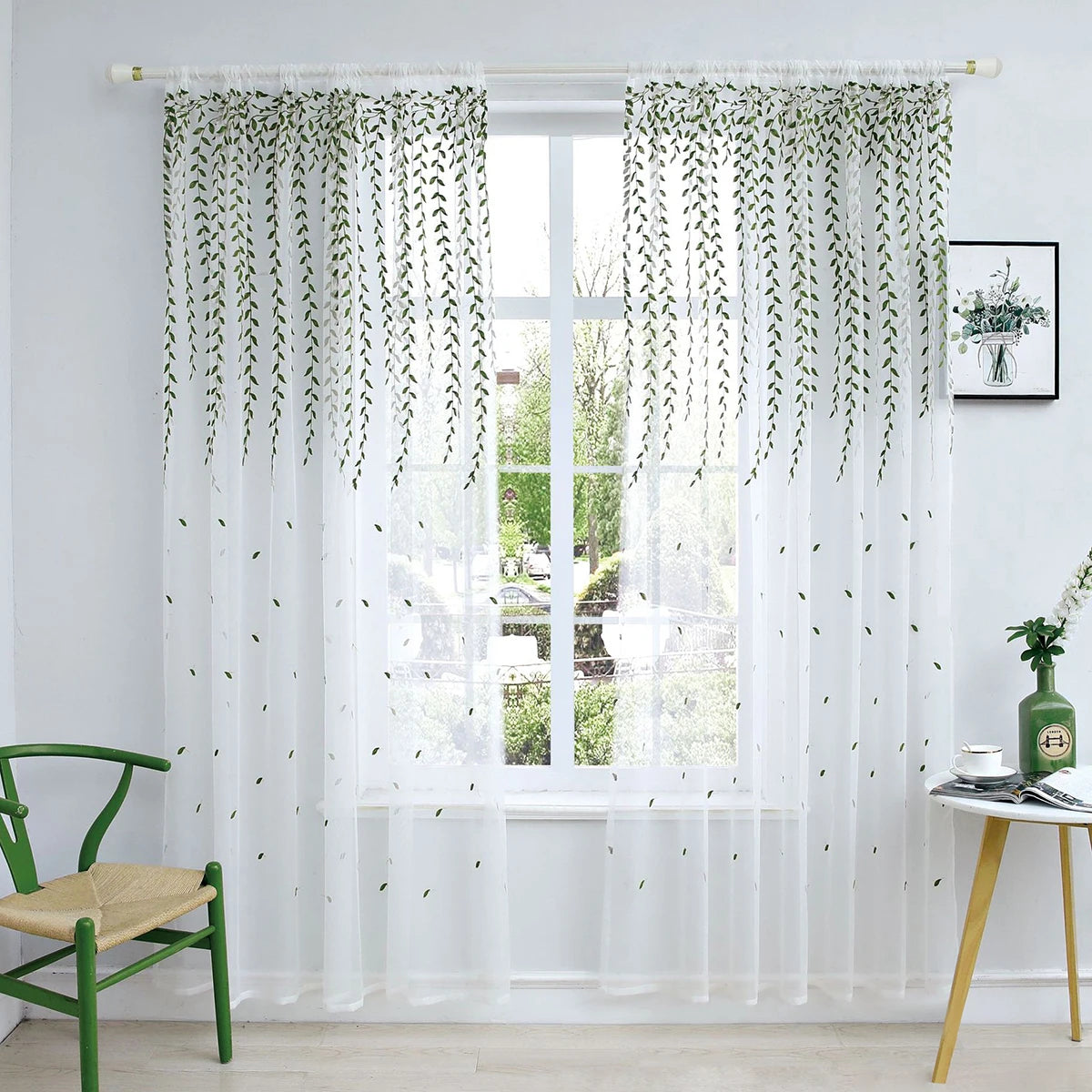 Rideau voilage feuilles brodées vert tamisant polyester pour salon et chambre