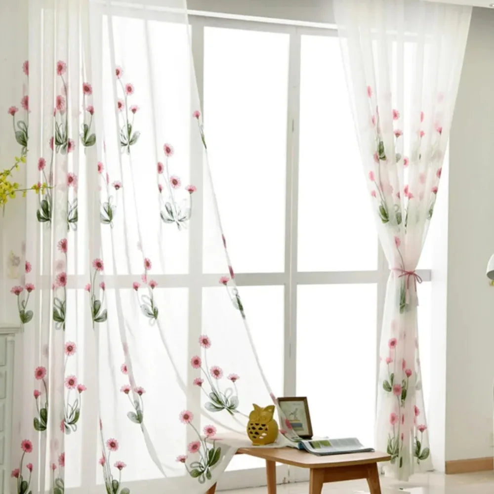Rideau en voile brodé floral rose – Tulle romantique pour fenêtre et porte-fenêtre