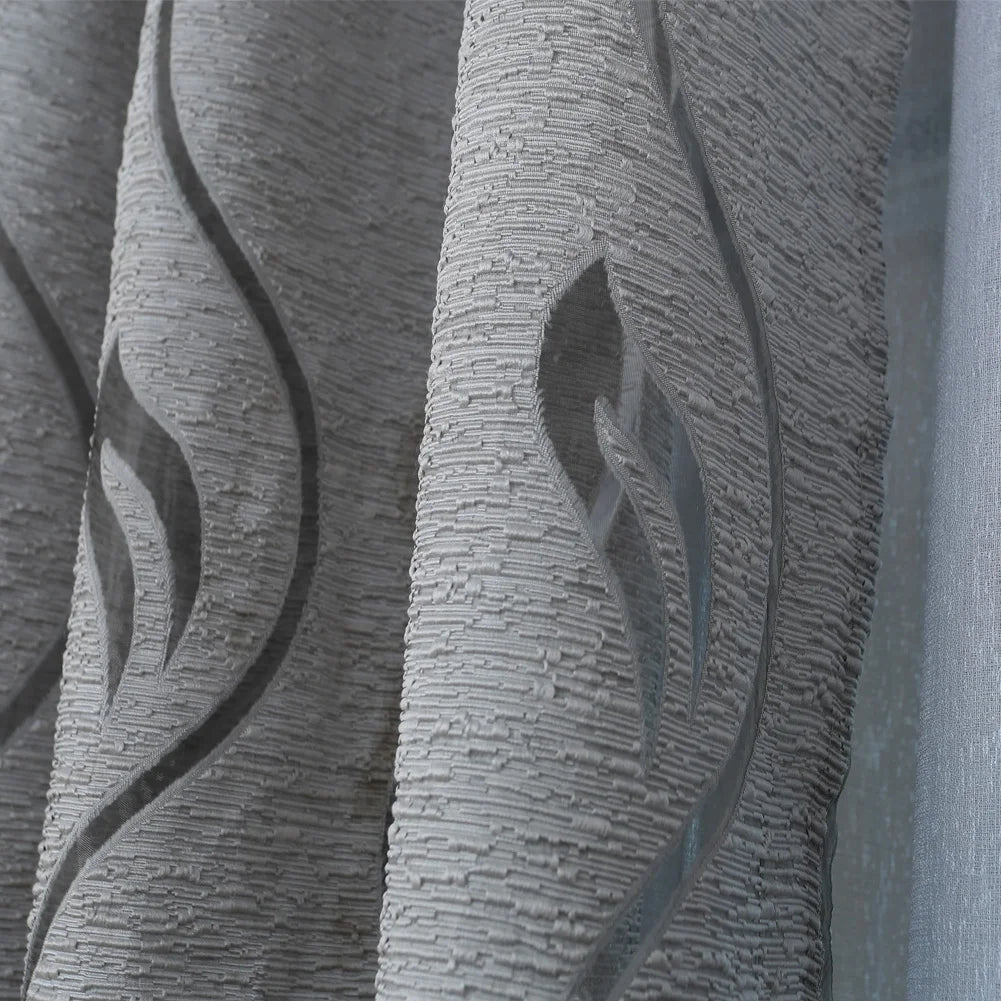 Rideau jacquard gris motif feuilles ajouré pour salon et chambre