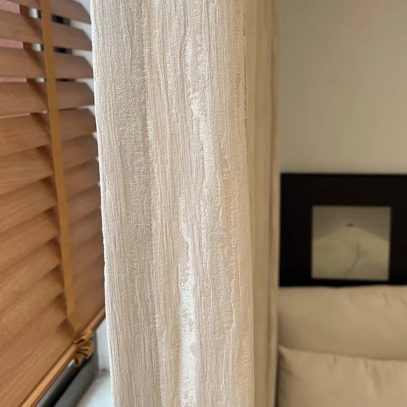 Rideau tamisant chenille beige crème jacquard effet bois pour salon et chambre
