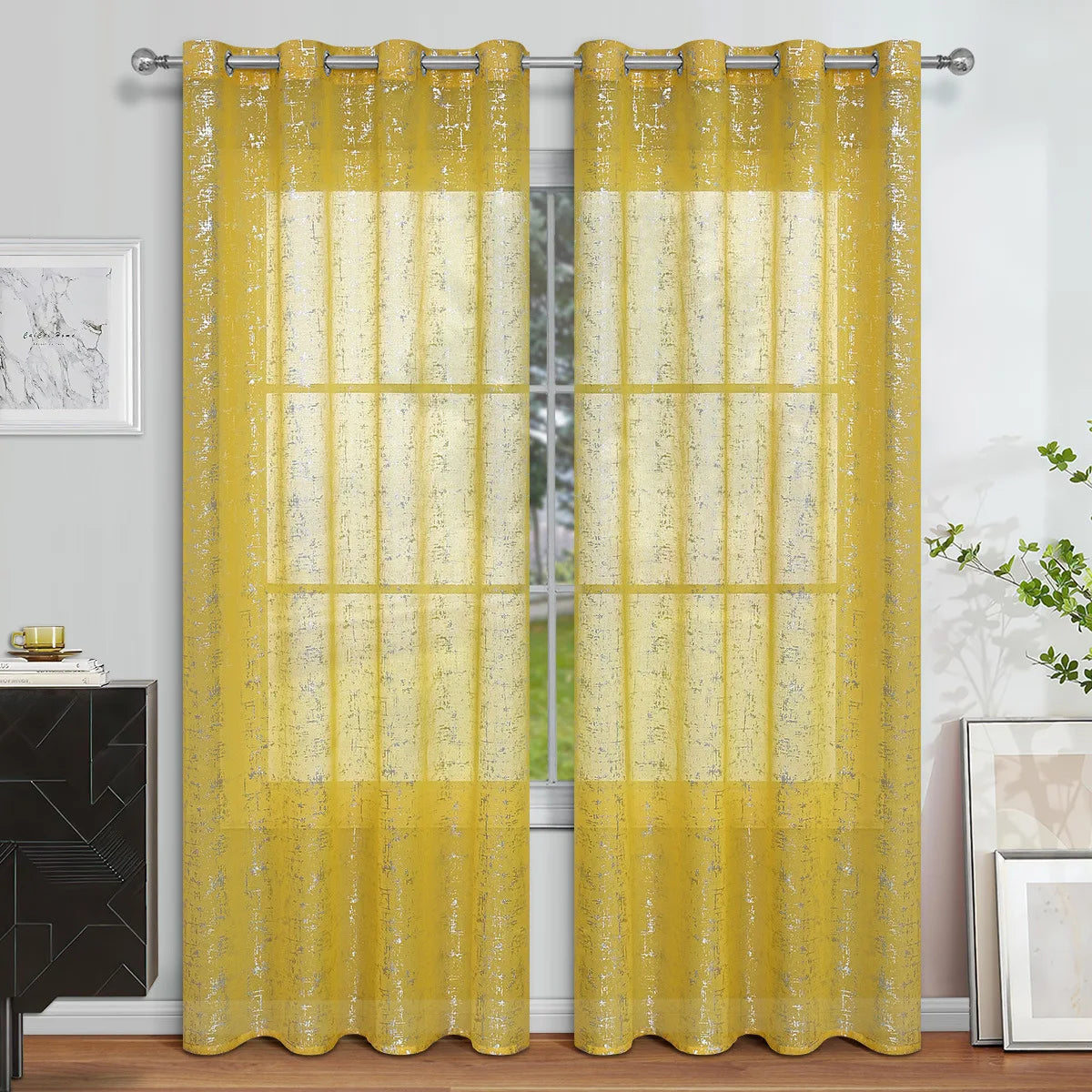 Rideaux semi-voilages argentés à œillets en coton lin pour salon et chambre (2 panneaux)