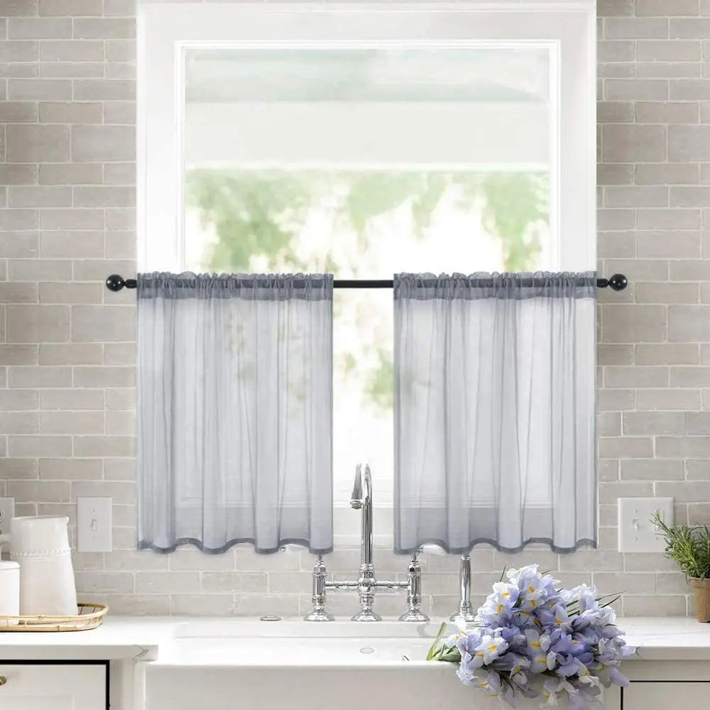 Petit rideau voilage court transparent uni pour cuisine et salle de bain (2 pièces)