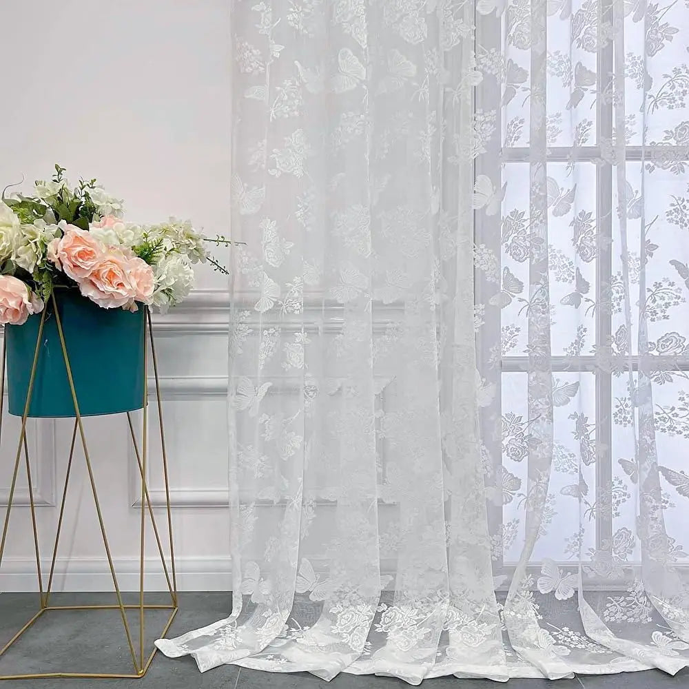 Rideau Jacquard Translucide avec Motif Papillon – Voilage Blanc pour Salon, Chambre et Balcon