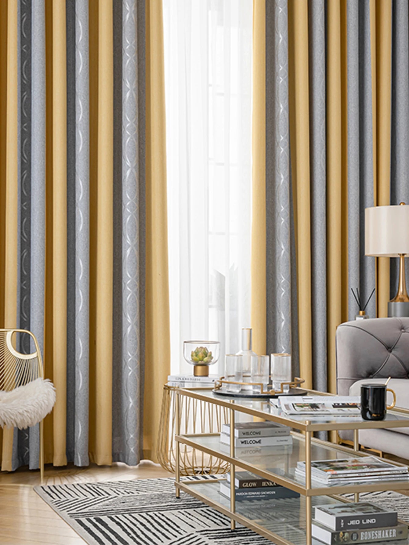 Rideaux jacquard rayés épais jaune et gris pour salon et chambre (2 panneaux)