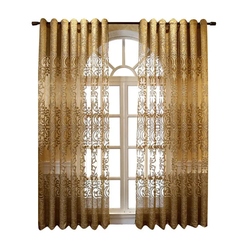 Rideau voilage brodé doré semi-transparent pour salon élégant