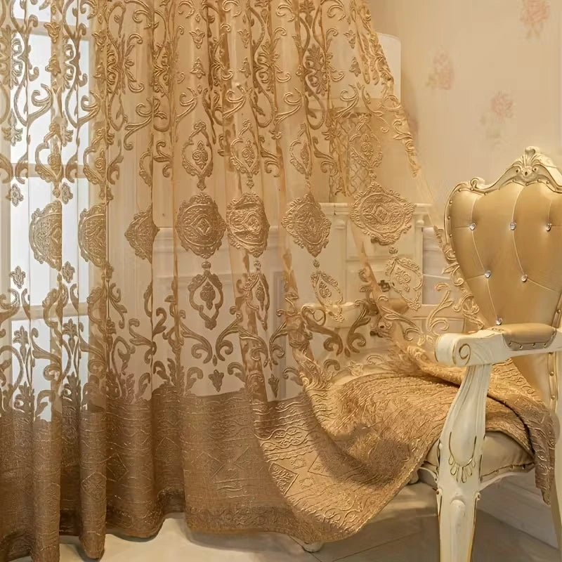 Rideau voilage jacquard doré en polyester pour salon et chambre