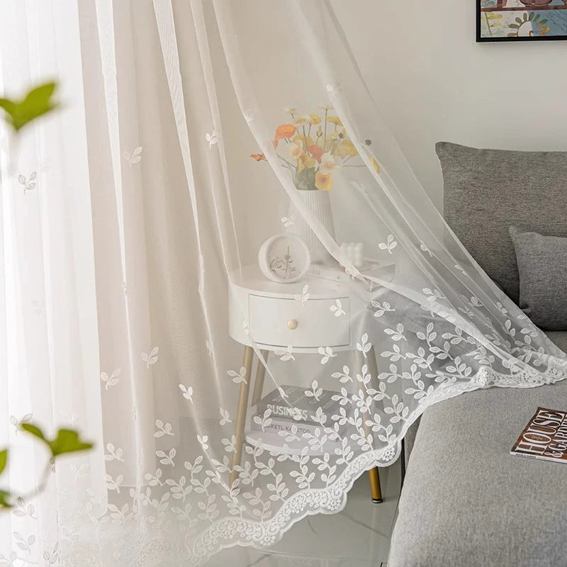 Rideau voilage feuilles brodées dentelle bas finition tamisant pour salon (1 pièce)