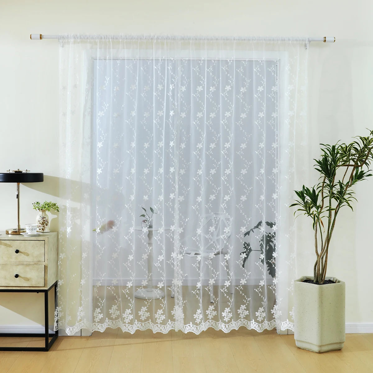 Rideau voilage fleurs brodées dentelle blanche tamisant pour salon et chambre (1 pièce)