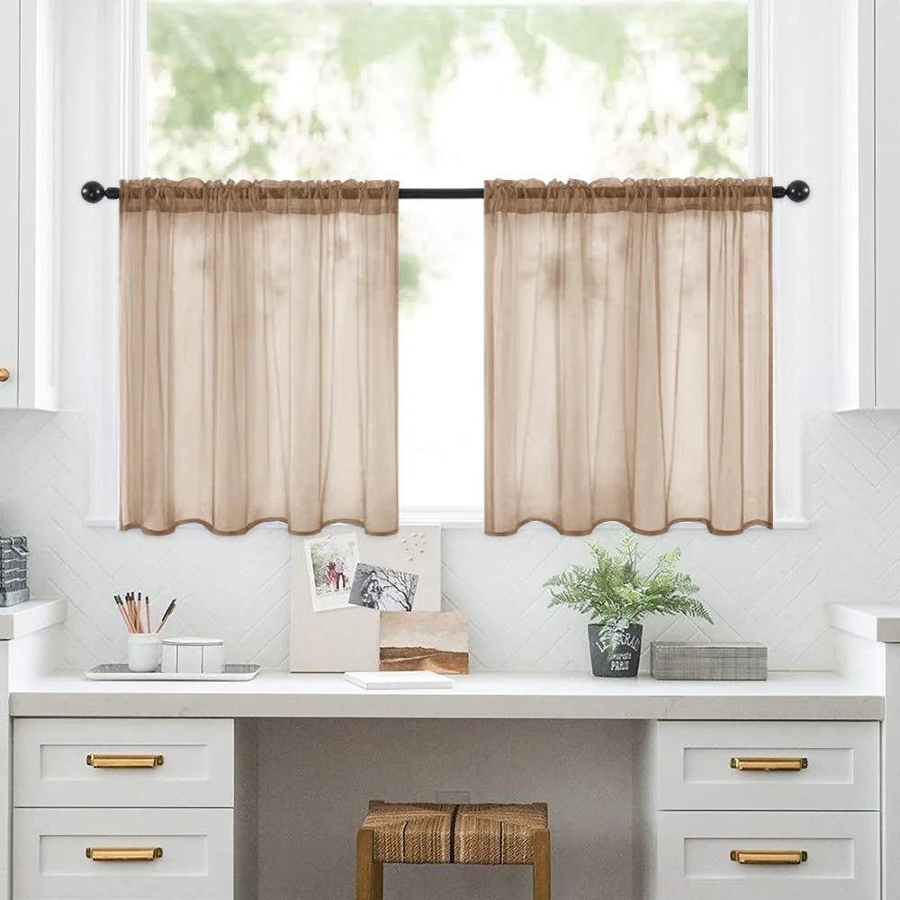 Petit rideau voilage court transparent uni pour cuisine et salle de bain (2 pièces)
