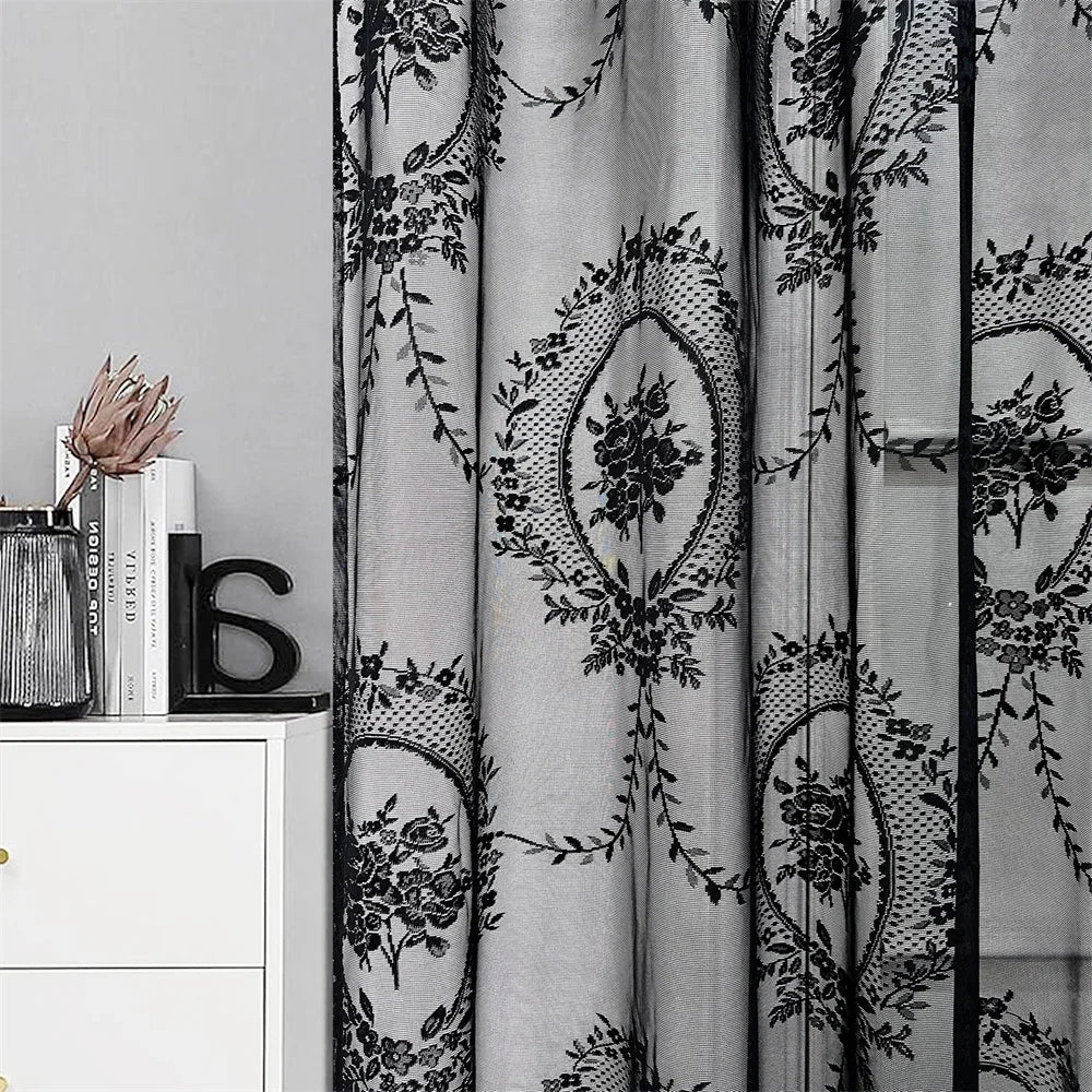 Rideau voilage noir en dentelle florale pour salon et chambre