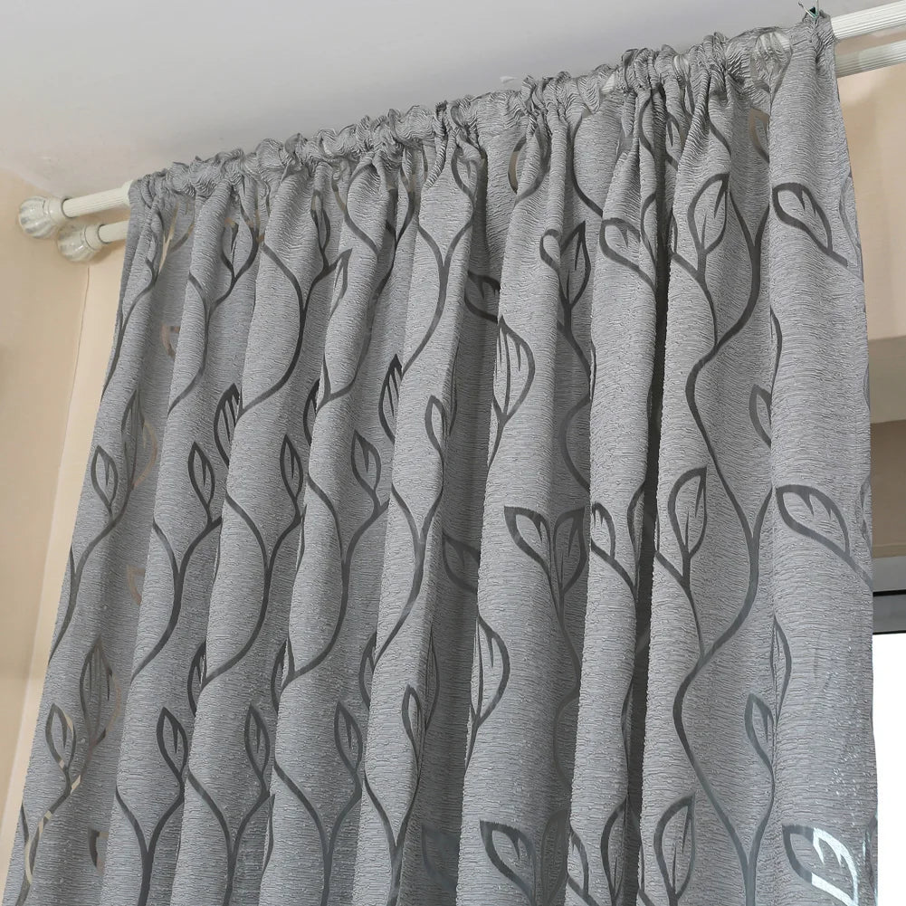 Rideau jacquard gris motif feuilles ajouré pour salon et chambre