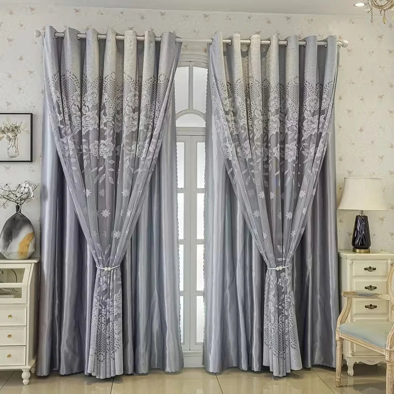 Rideau occultant double épaisseur gris à motifs floraux avec voilage intégré