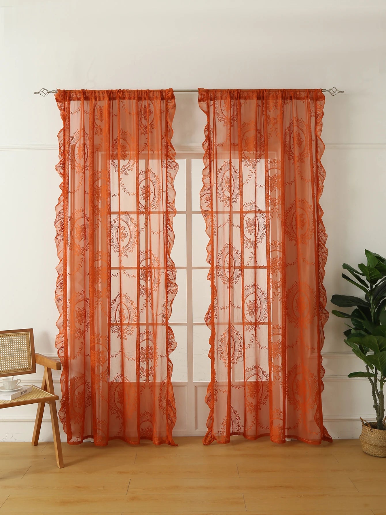 Rideau en dentelle orange à motifs floraux translucide pour salon et chambre