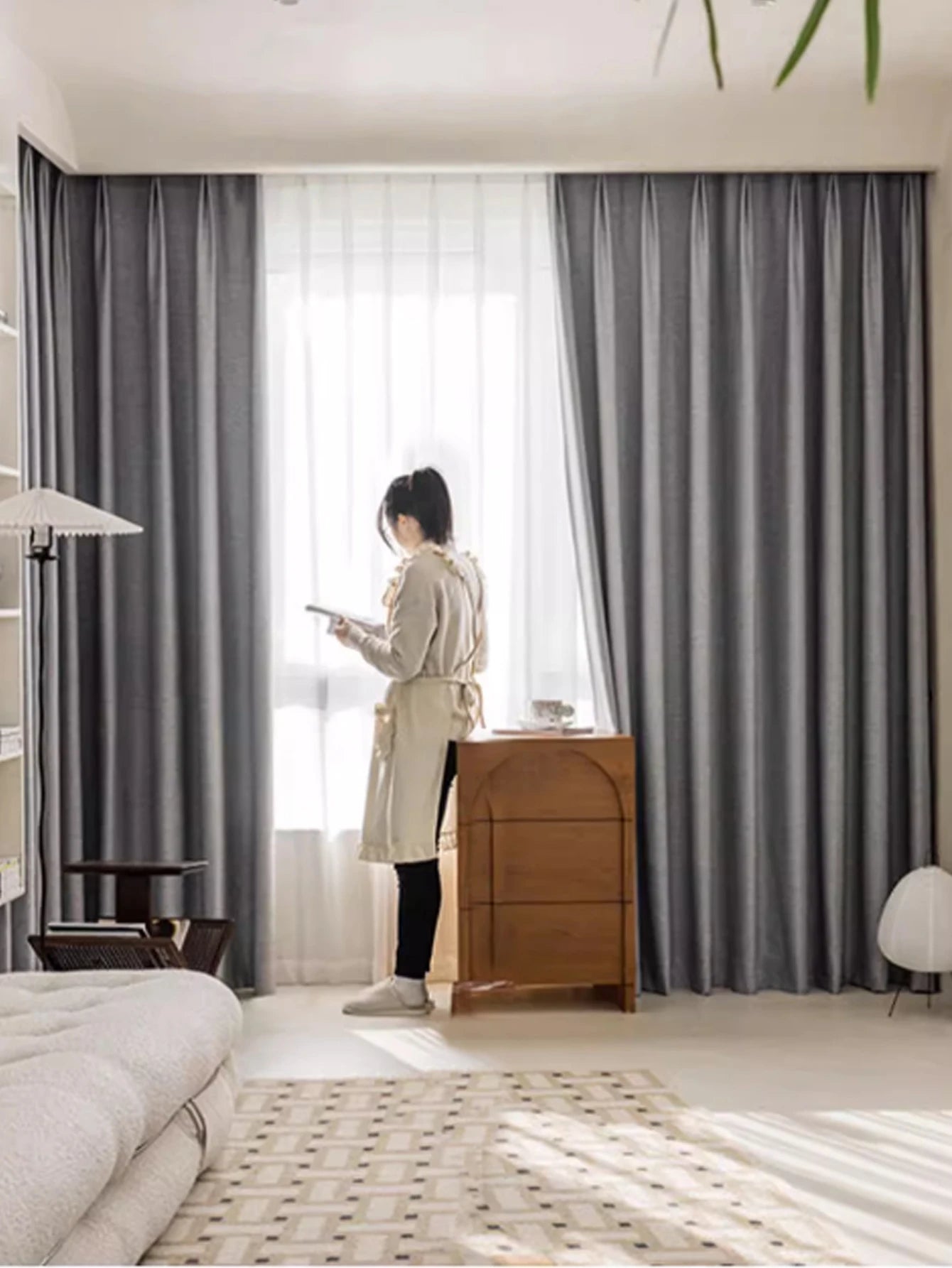 Rideau occultant gris effet lin en polyester pour salon et chambre