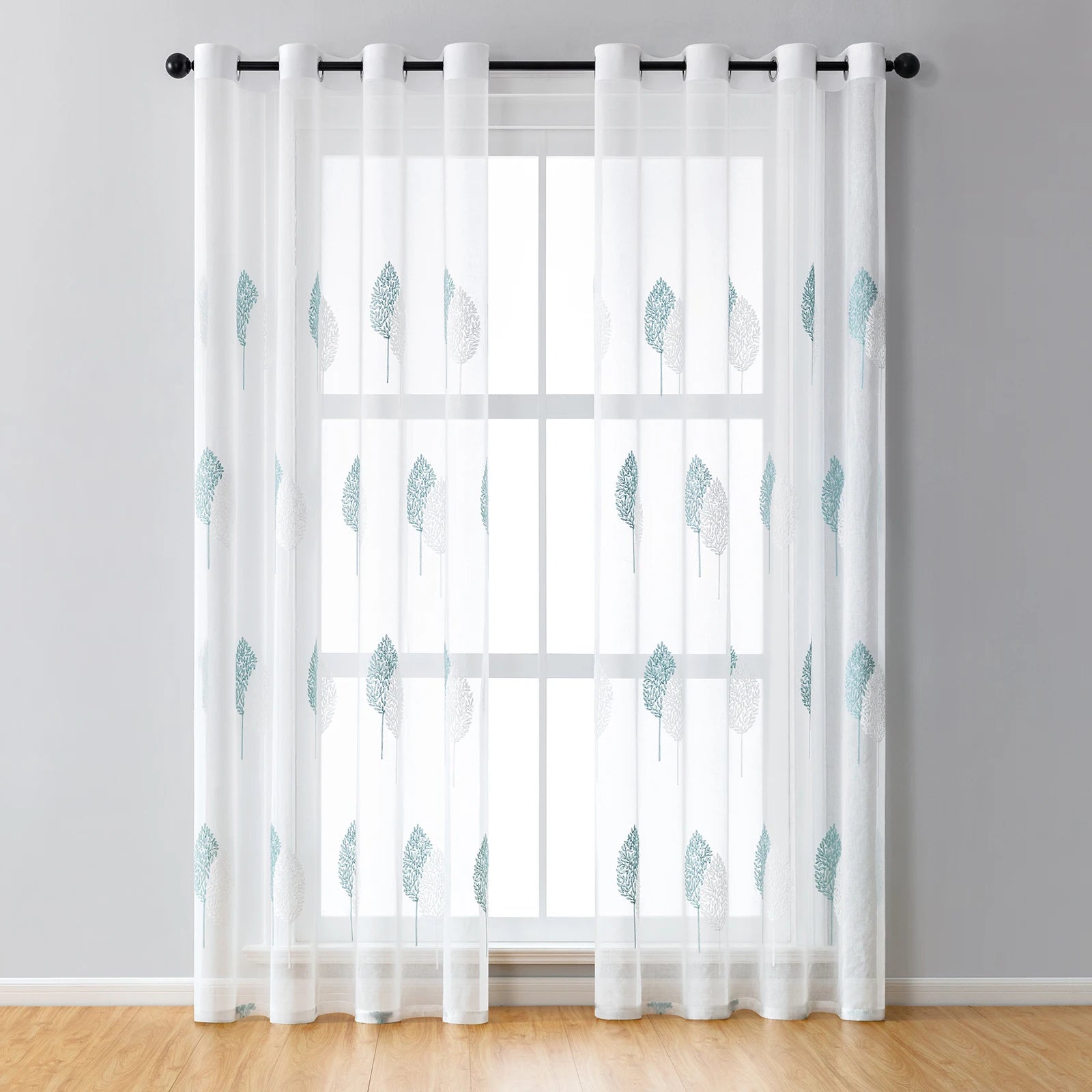 Rideaux voilage brodés feuilles en polyester pour salon et chambre (2 panneaux)