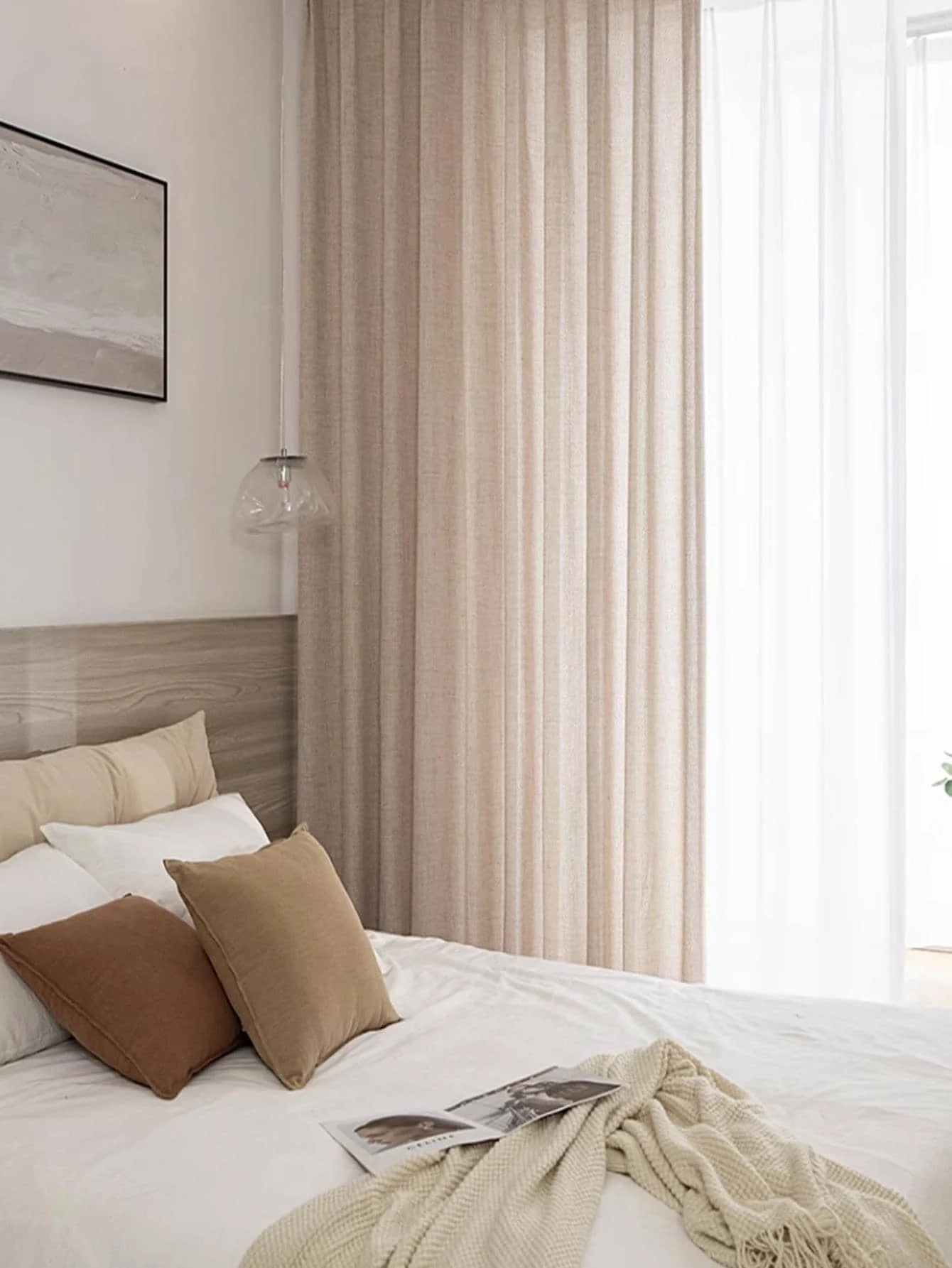 Rideau effet lin coton tamisant style japonais beige pour fenêtre (2 pièce)