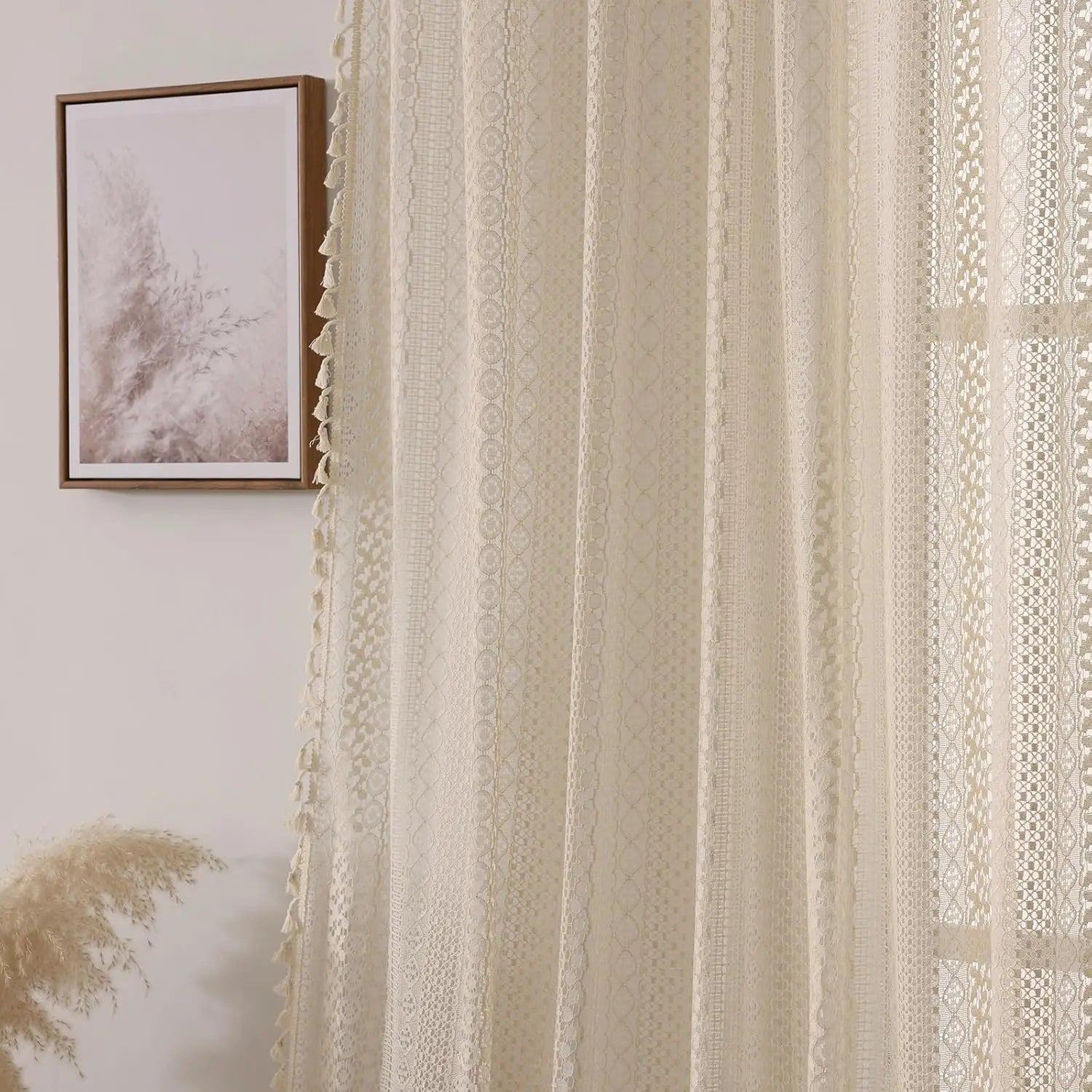 Rideau voilage bohème à pompons beige tamisant style japonais pour porte-fenêtre