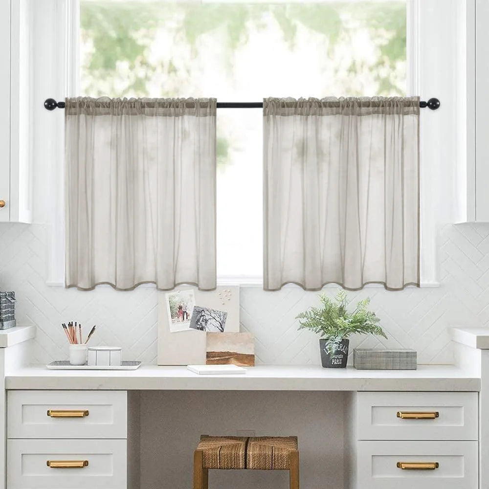 Petit rideau voilage court transparent uni pour cuisine et salle de bain (2 pièces)