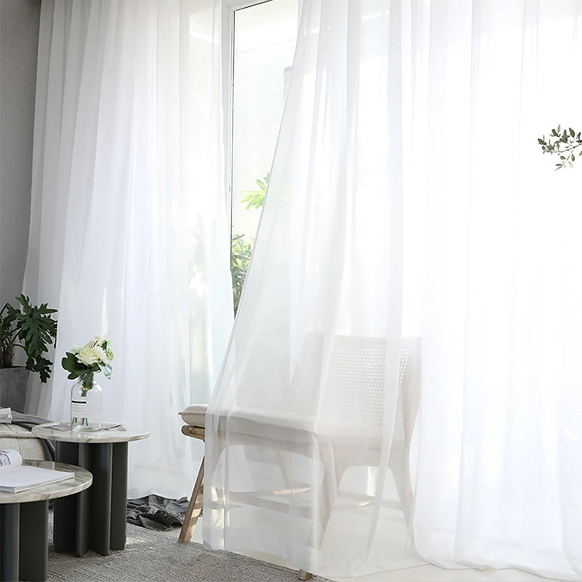 Rideau voilage blanc uni tamisant léger polyester pour salon et chambre