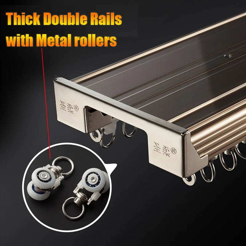 Tringle à rideaux en alliage d'aluminium Champagne Gold avec roulettes métalliques – Double rail pour installation au plafond