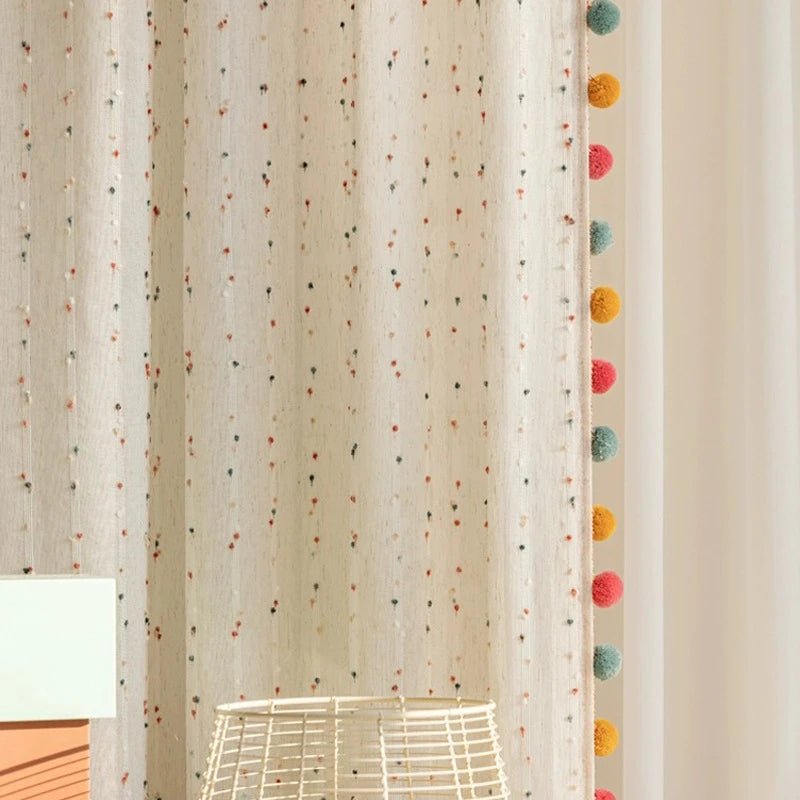 Rideau voilage brodé pompons multicolores pour chambre enfant (2 panneaux)