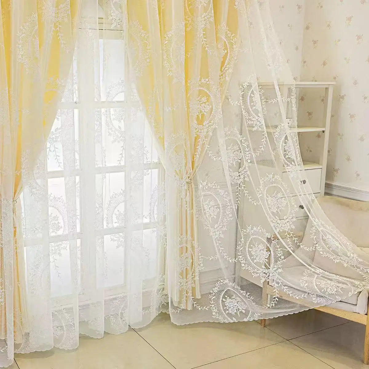 Rideau double voilage jaune moderne pour chambre et salon