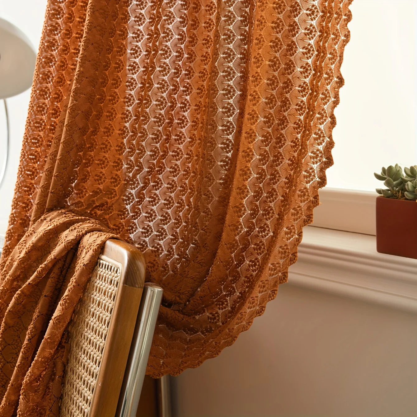 Rideau voilage orange rustique en maille ajourée style campagne chic