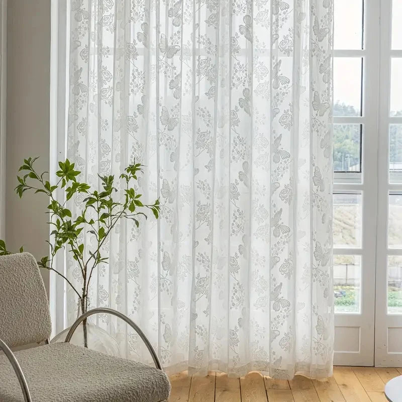 Rideau Jacquard Translucide avec Motif Papillon – Voilage Blanc pour Salon, Chambre et Balcon