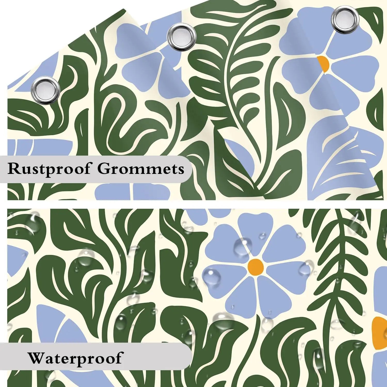 Rideau de douche polyester imperméable motif floral rétro bleu vert