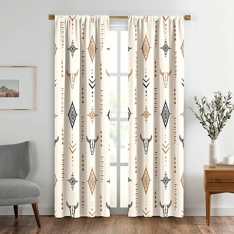 Rideau boho tribal imprimé tête de taureau filtrant (2 panneaux)