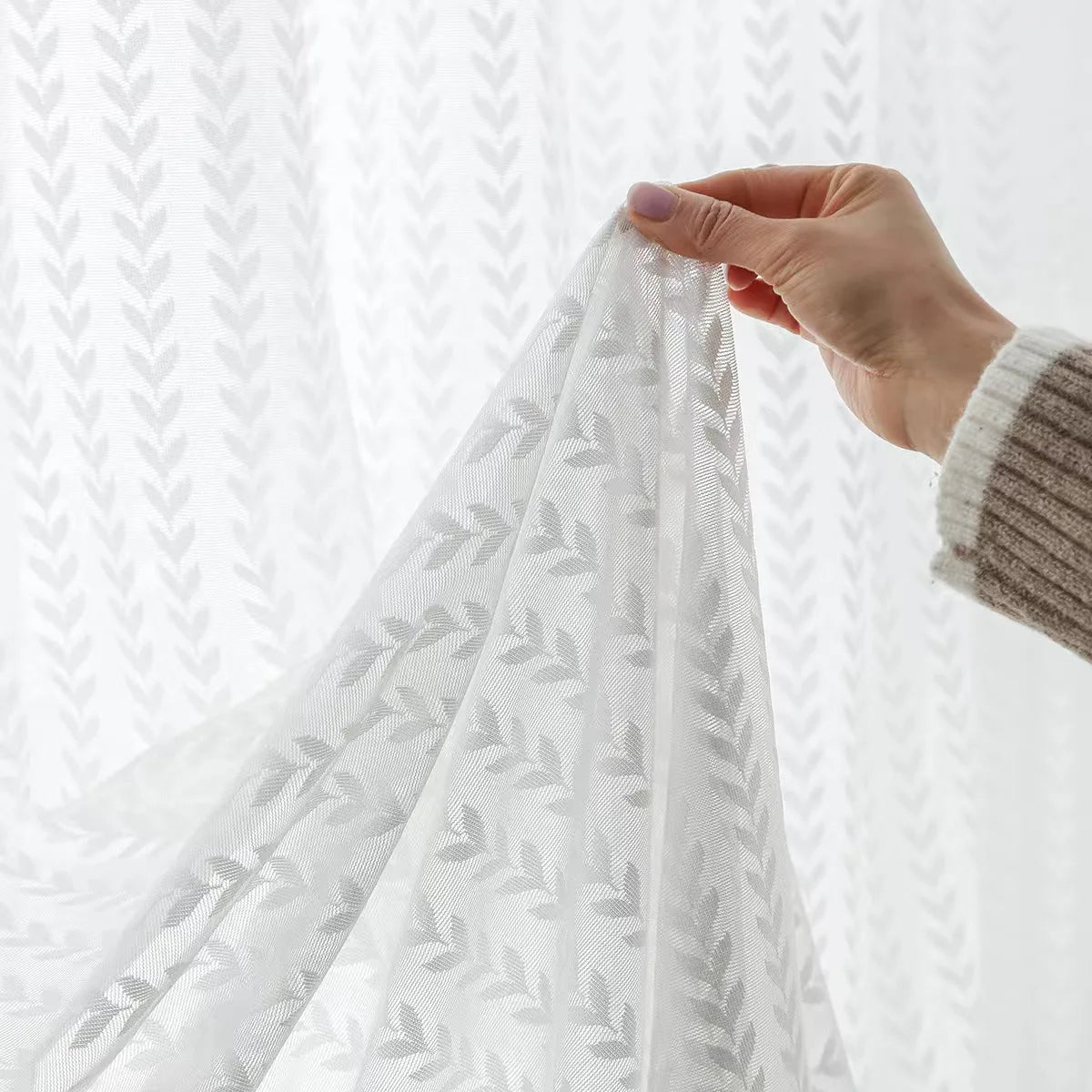 Rideau voile blanc à motif feuilles en polyester pour salon et chambre
