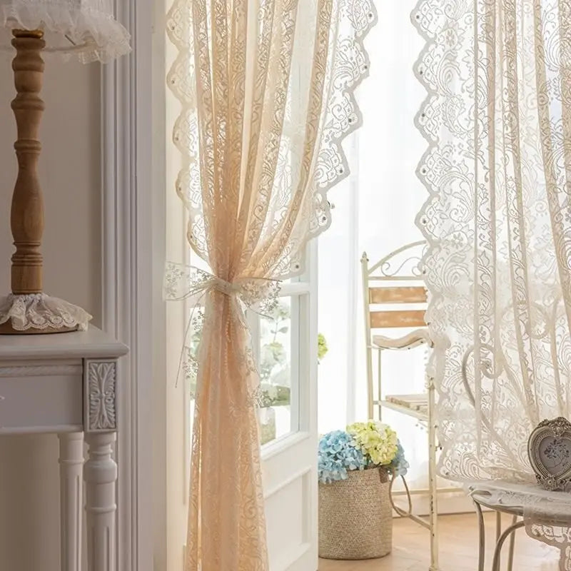 Rideau voilage en dentelle beige style princesse pour salon et chambre