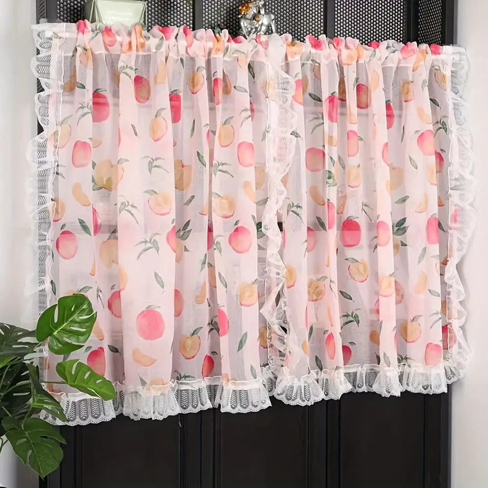 Rideaux demi-hauteur en voile à motif fruits avec dentelle (2 panneaux)