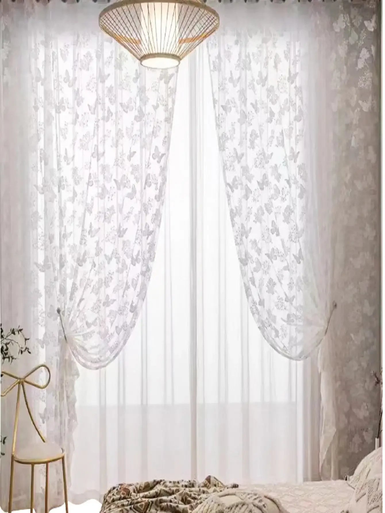 Rideau voilage blanc en coton motif papillon pour chambre (1 panneau)