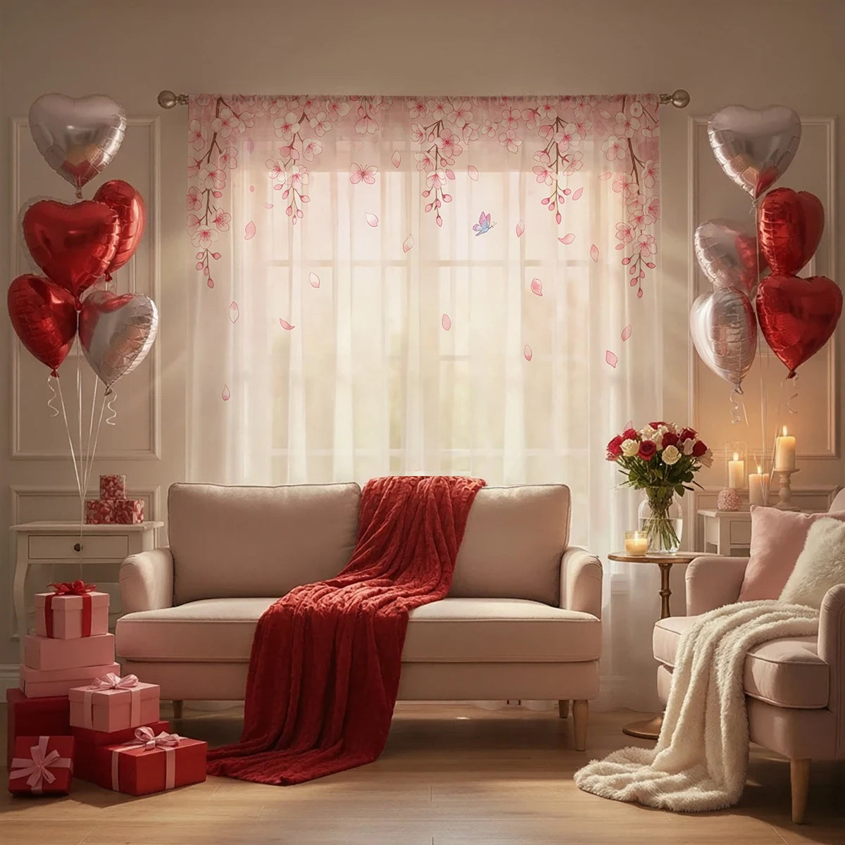 Rideau Transparent à Motif Fleurs de Pêche Rose – Voilage Modern pour Salon, Chambre et Bureau