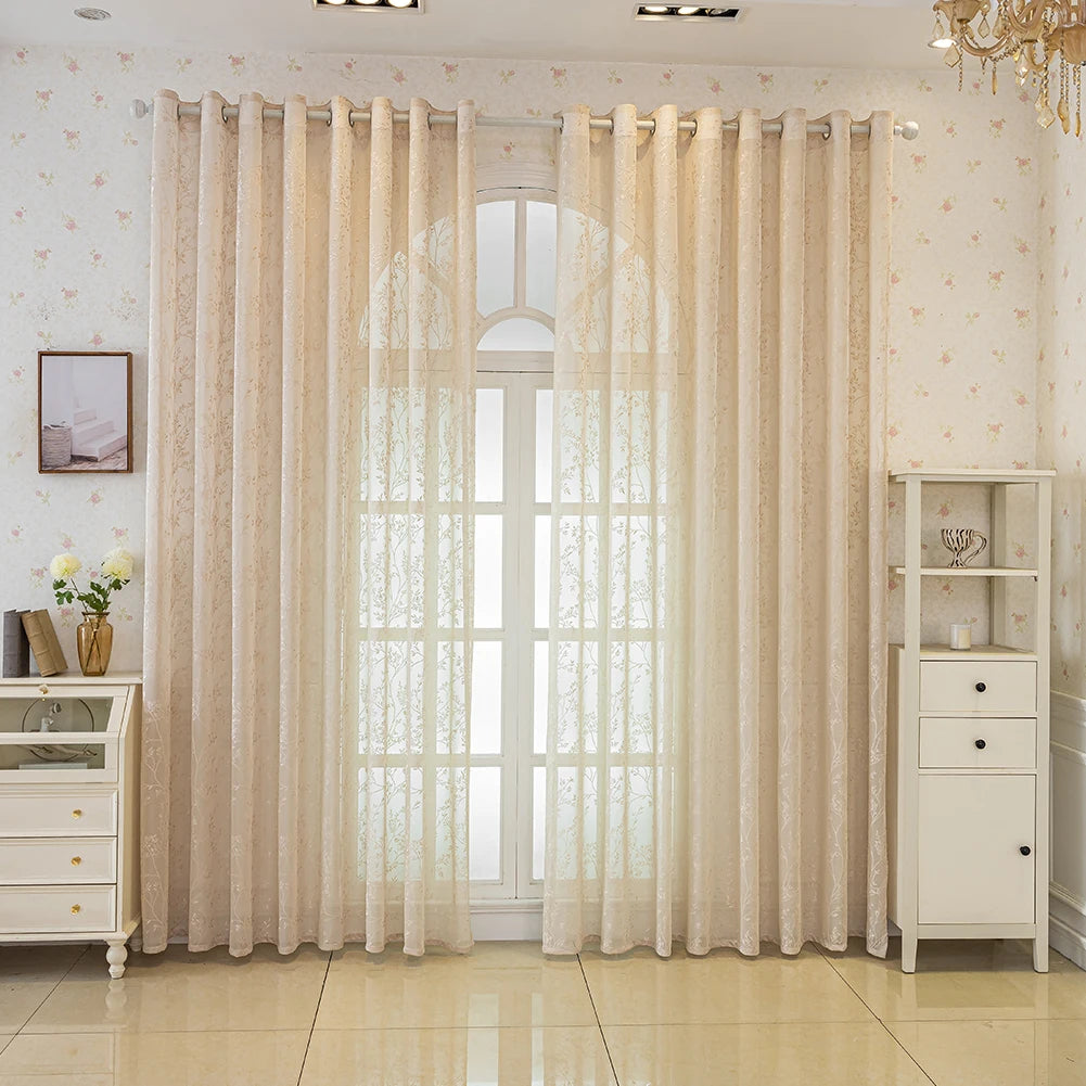 Rideau voilage jacquard beige à motifs floraux pour salon et balcon