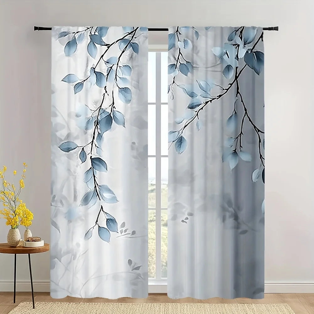 Rideaux bleus à motifs feuilles tamisant en polyester pour salon et chambre (2 pièces)