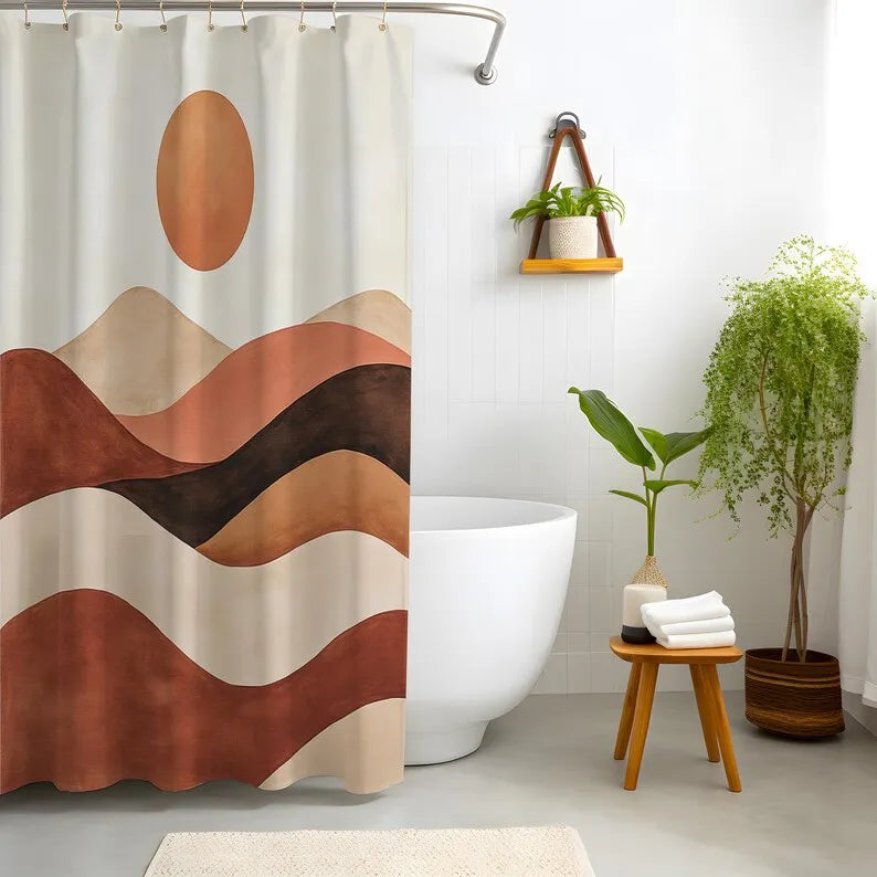 Rideau de douche terracotta motif désert ondulé en polyester imperméable