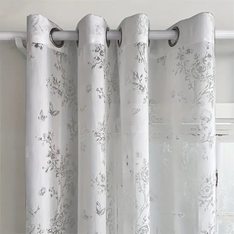 Rideaux voilage brodés motifs ronds dorés pour salon et chambre (2 panneaux)