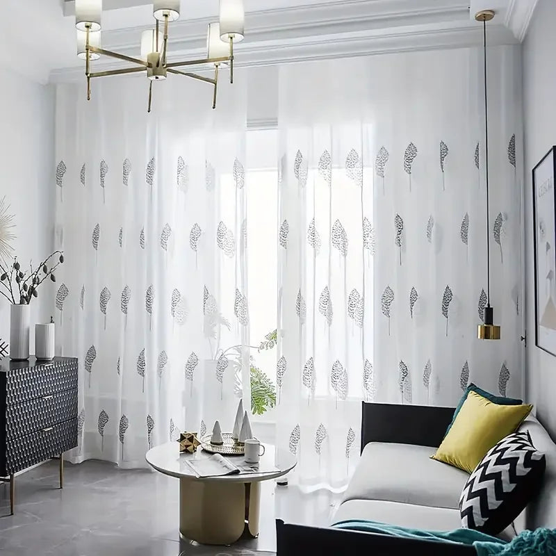 Rideau voilage brodé feuilles translucide blanc élégant pour salon ( 1 pièce )
