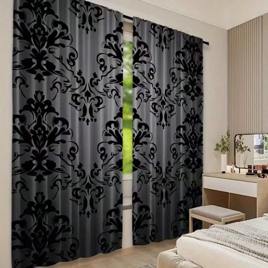 Rideaux voilage gris et noir à motifs damassés (2 panneaux)