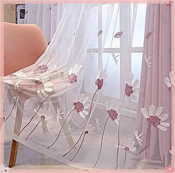 Voilage brodé fleurs style pastoral blanc pour porte-fenêtre léger et transparent