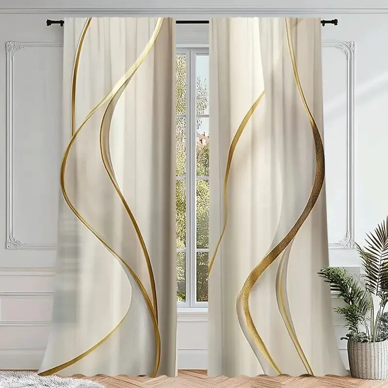 Rideaux tamisants crème à motifs lignes dorées en polyester (2 panneaux)