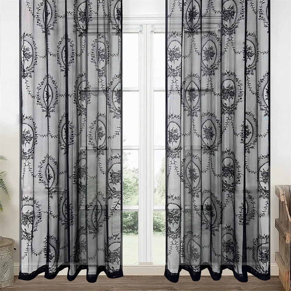 Rideau voilage noir en dentelle florale pour salon et chambre