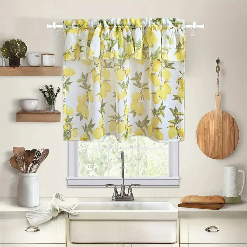 Rideau court cuisine citron jaune en voile polyester tamisant