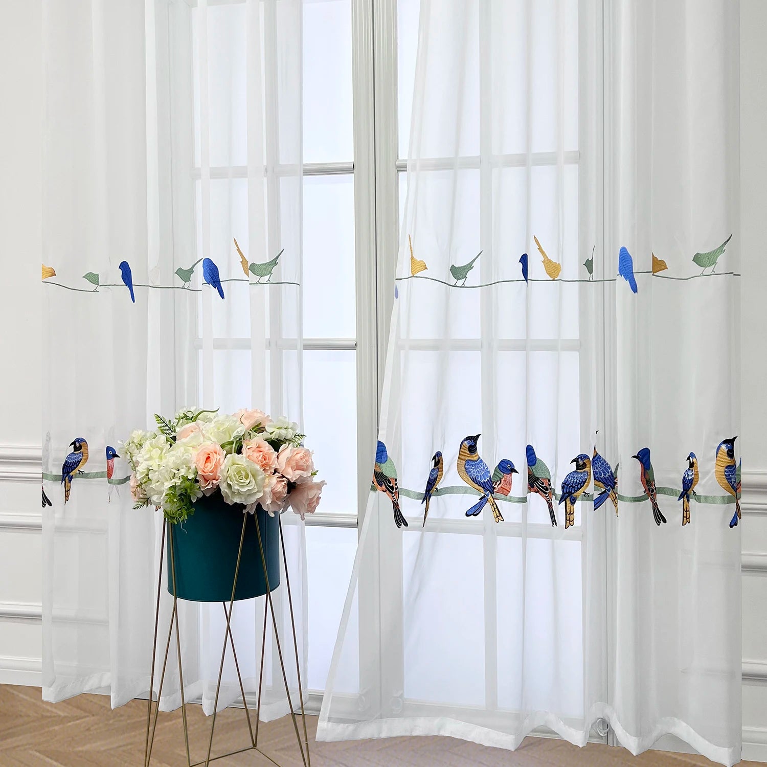 Rideau voilage oiseaux brodés tamisant polyester pour salon et chambre (1 pièce)