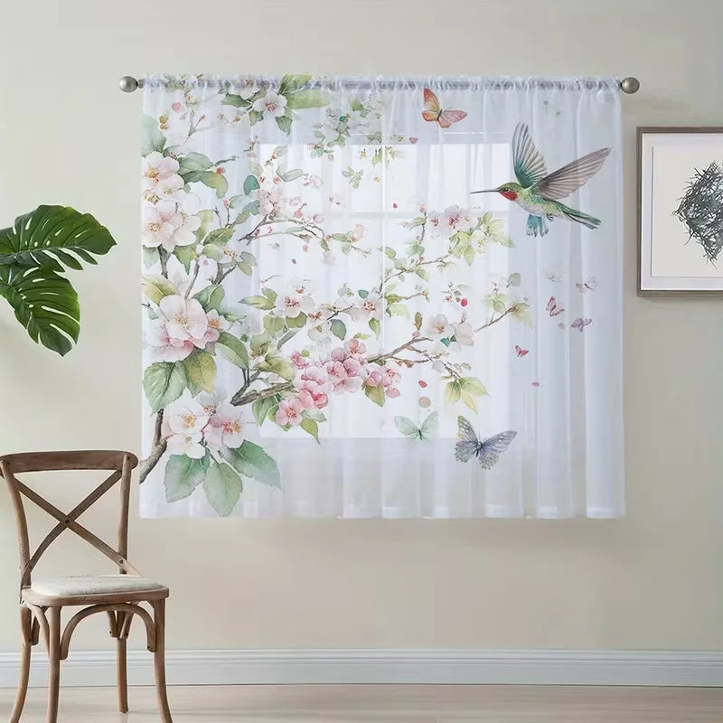 Rideaux voilage fleuris oiseaux translucides romantique pour salon