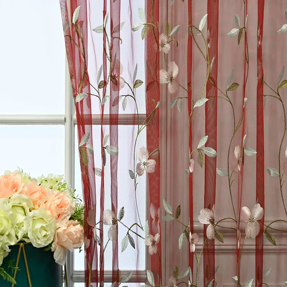 Rideau voilage brodé floral en tulle pour salon et chambre