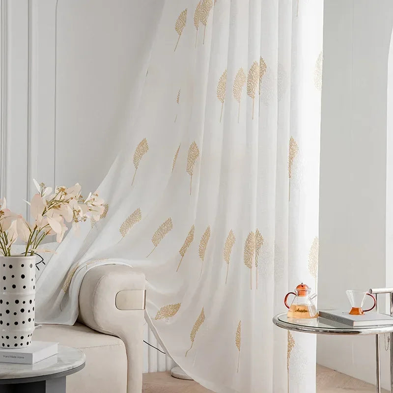 Voilage blanc brodé feuilles jaunes tamisant en polyester pour salon et chambre (1 pièce)