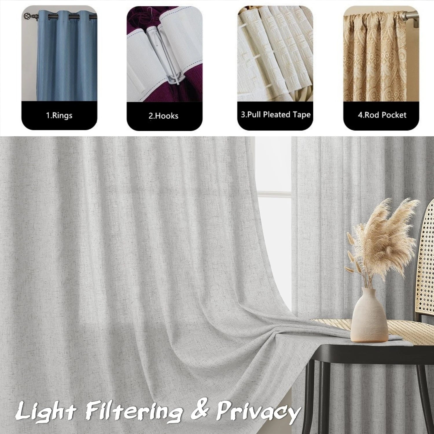 Rideau voilage en lin et polyester tamisant grande hauteur